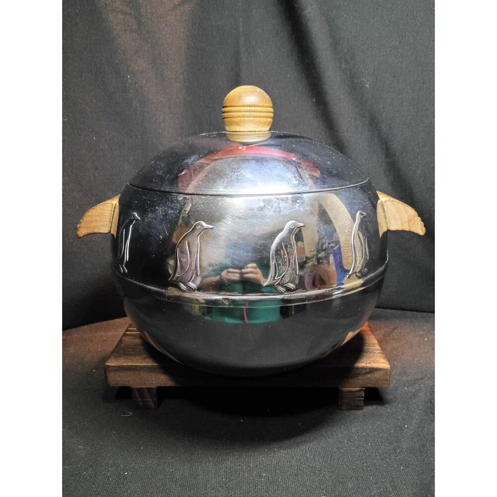 Vintage West Bend Penguin Hot Cold Server Ice Bucket Wood Handles Chrome Lid